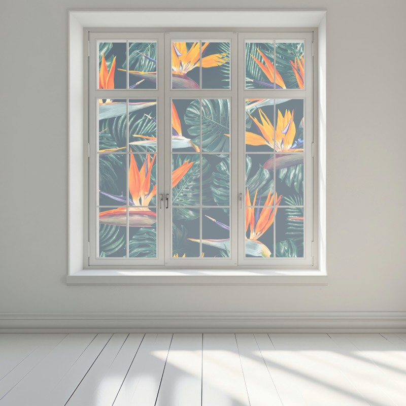 Naklejka na okno egzotyczny motyw rajskich ptaków i liści monstery – Wallissimo® Naklejka na okno egzotyczny motyw rajskich ptaków i liści monstery – Wallissimo®