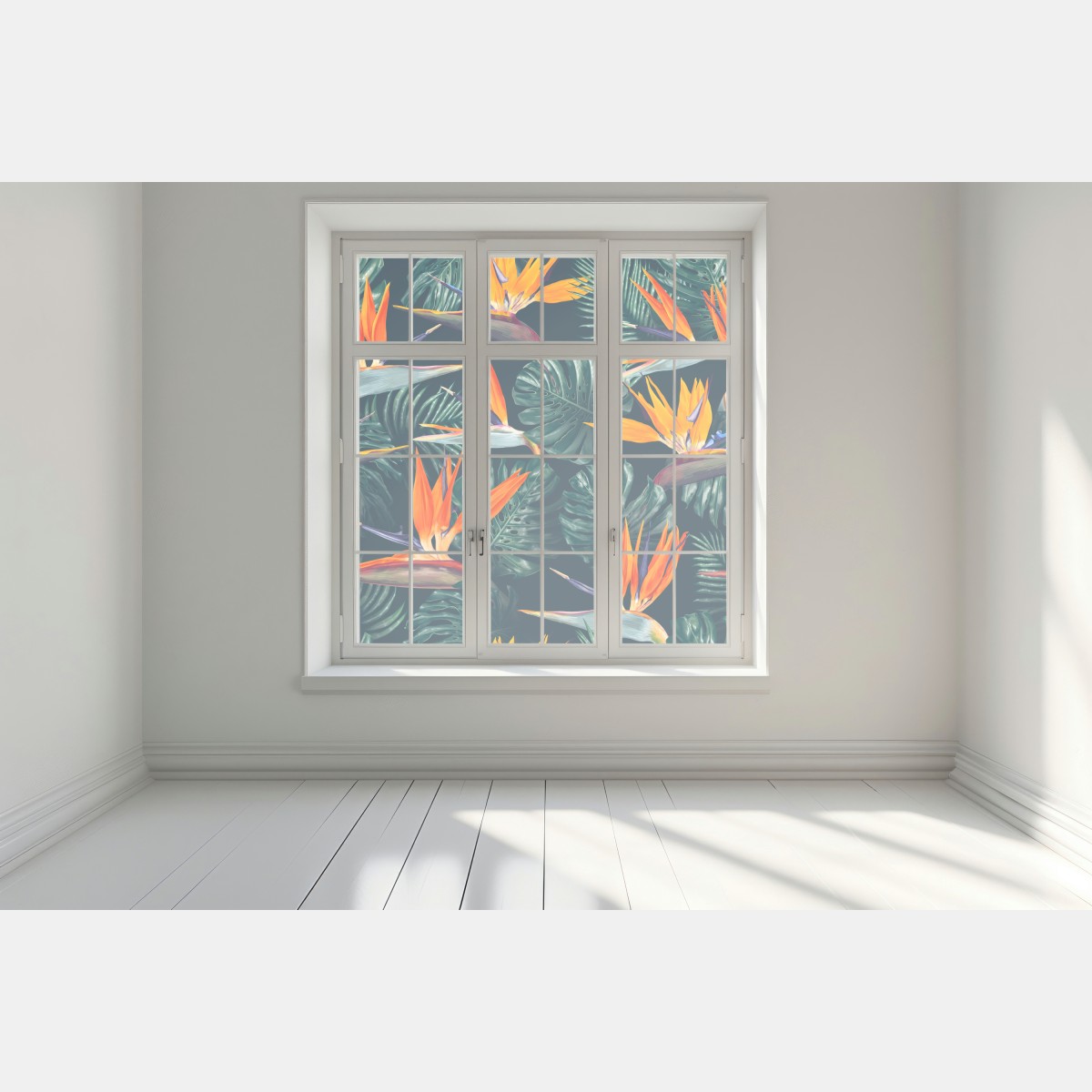 Naklejka na okno egzotyczny motyw rajskich ptaków i liści monstery – Wallissimo® Naklejka na okno egzotyczny motyw rajskich ptaków i liści monstery – Wallissimo®