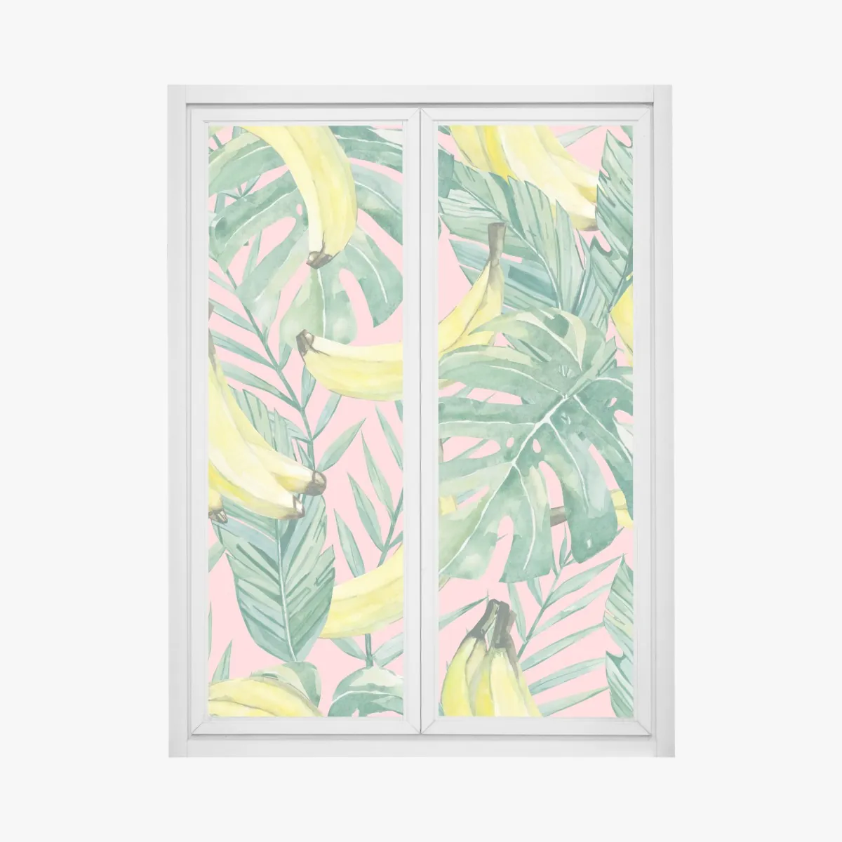 Naklejka na okno akwarelowy wzór z bananami i liśćmi na różowym tle – Wallissimo® Naklejka na okno akwarelowy wzór z bananami i liśćmi na różowym tle – Wallissimo®