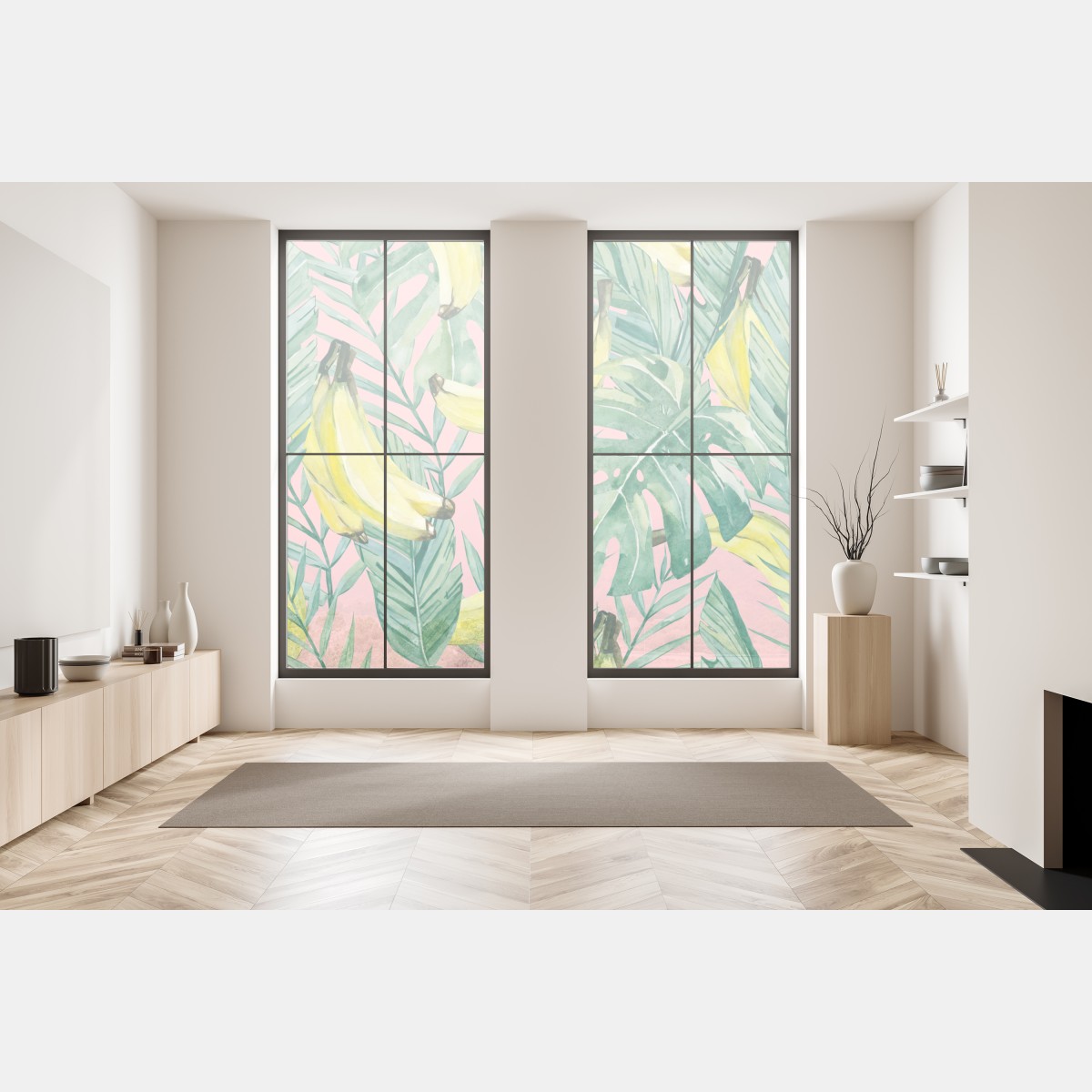 Naklejka na okno akwarelowy wzór z bananami i liśćmi na różowym tle – Wallissimo® Naklejka na okno akwarelowy wzór z bananami i liśćmi na różowym tle – Wallissimo®