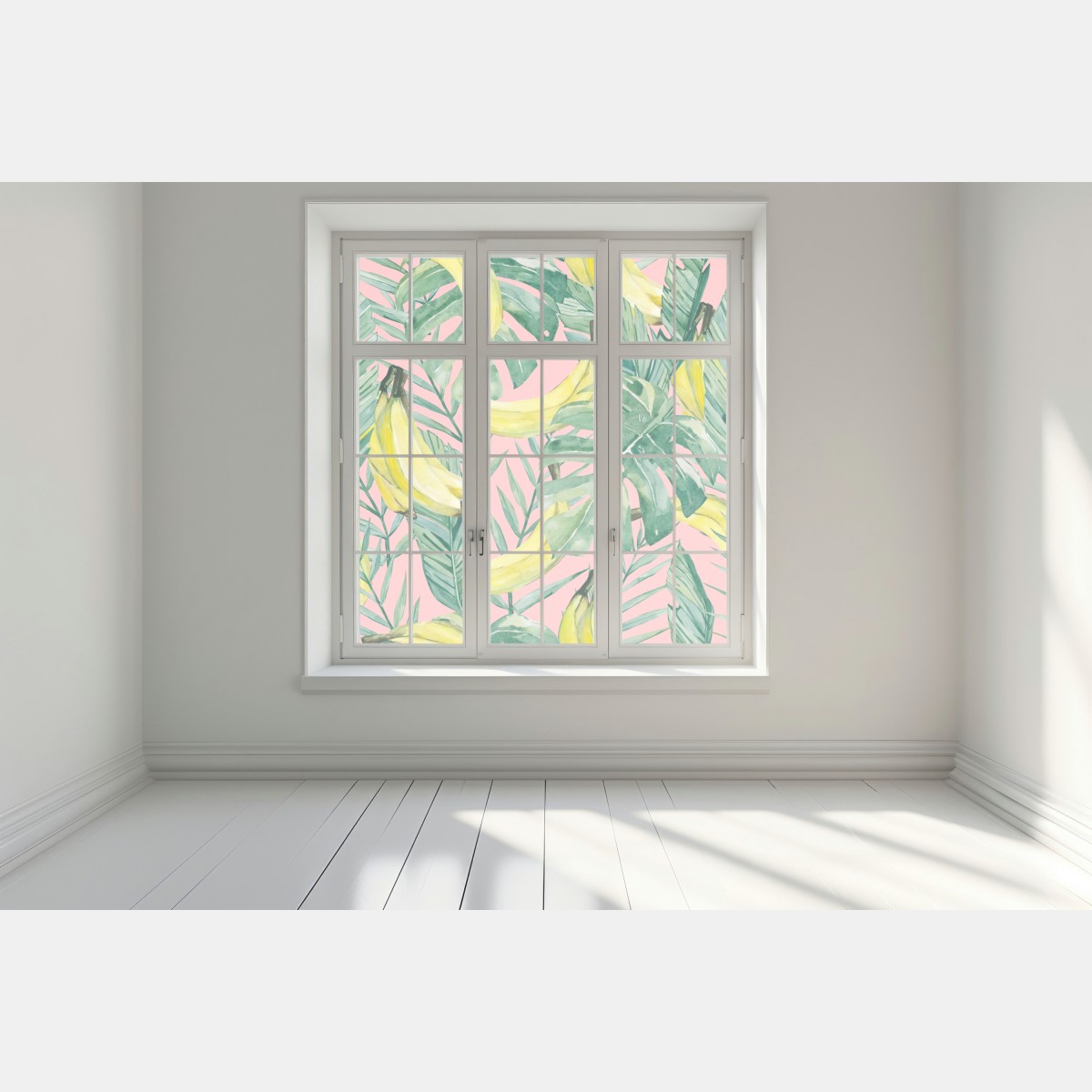 Naklejka na okno akwarelowy wzór z bananami i liśćmi na różowym tle – Wallissimo® Naklejka na okno akwarelowy wzór z bananami i liśćmi na różowym tle – Wallissimo®