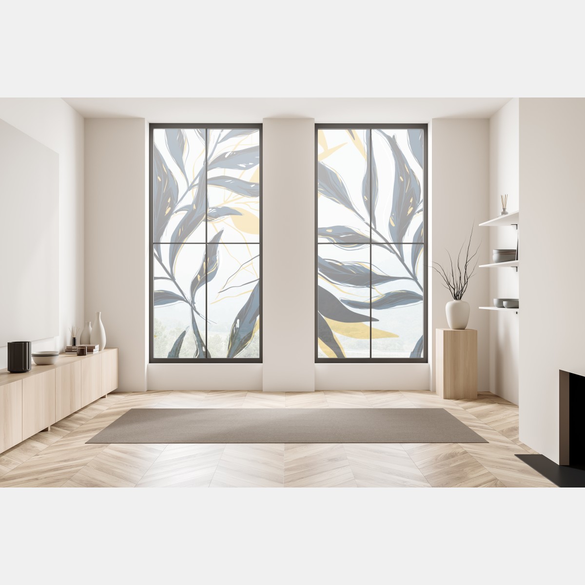 Naklejka na okno granatowo-złoty botaniczny wzór liści – Wallissimo® Naklejka na okno granatowo-złoty botaniczny wzór liści – Wallissimo®