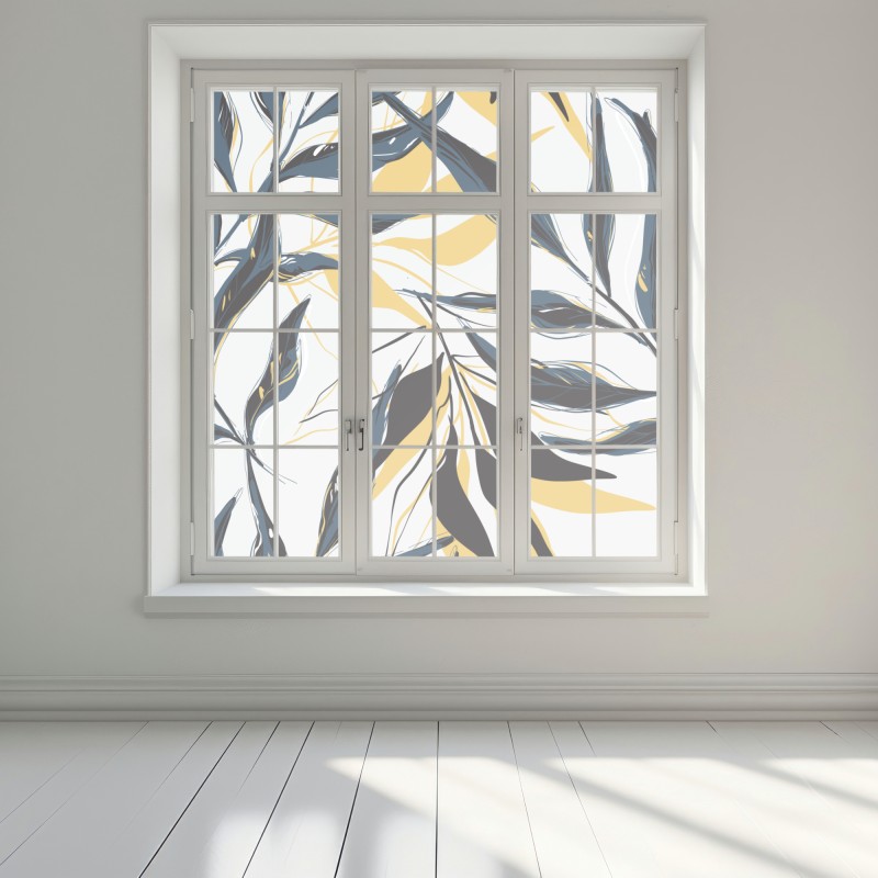 Naklejka na okno granatowo-złoty botaniczny wzór liści – Wallissimo® Naklejka na okno granatowo-złoty botaniczny wzór liści – Wallissimo®