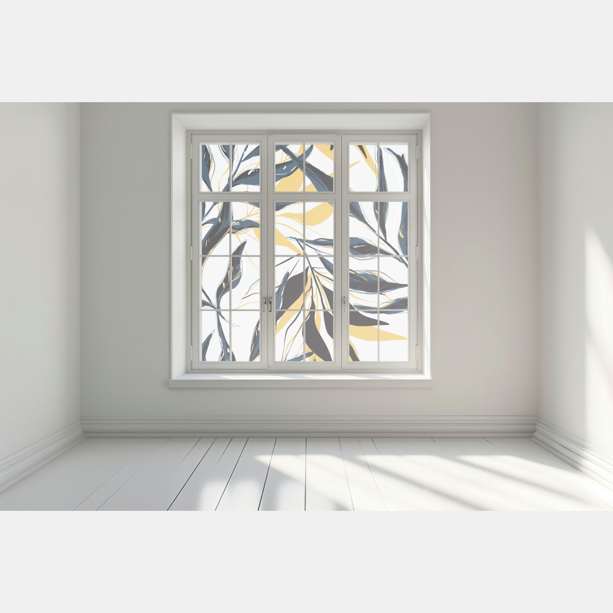 Naklejka na okno granatowo-złoty botaniczny wzór liści – Wallissimo® Naklejka na okno granatowo-złoty botaniczny wzór liści – Wallissimo®