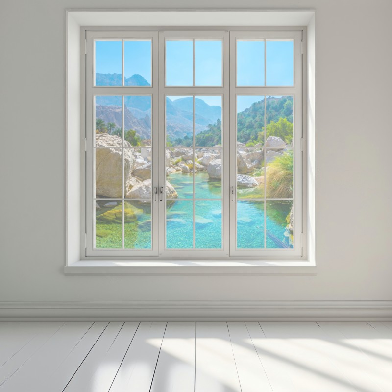 Naklejka na okno turkusowa górska oaza – Wallissimo® Naklejka na okno turkusowa górska oaza – Wallissimo®