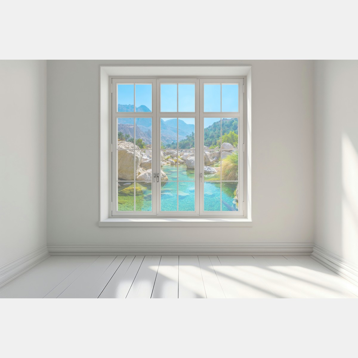 Naklejka na okno turkusowa górska oaza – Wallissimo® Naklejka na okno turkusowa górska oaza – Wallissimo®