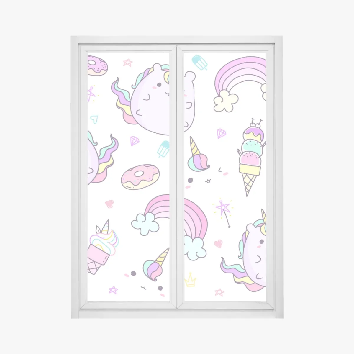Naklejka na okno zabawny pastelowy wzór z jednorożcowym kotem – Wallissimo® Naklejka na okno zabawny pastelowy wzór z jednorożcowym kotem – Wallissimo®