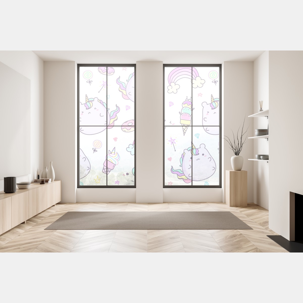 Naklejka na okno zabawny pastelowy wzór z jednorożcowym kotem – Wallissimo® Naklejka na okno zabawny pastelowy wzór z jednorożcowym kotem – Wallissimo®