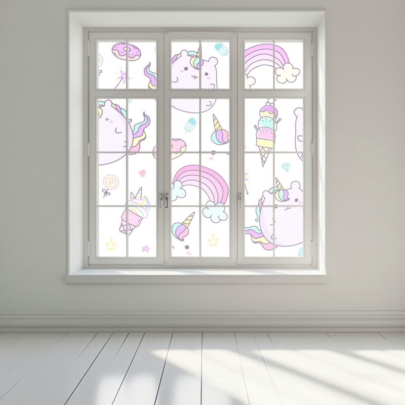 Naklejka na okno zabawny pastelowy wzór z jednorożcowym kotem – Wallissimo® Naklejka na okno zabawny pastelowy wzór z jednorożcowym kotem – Wallissimo®