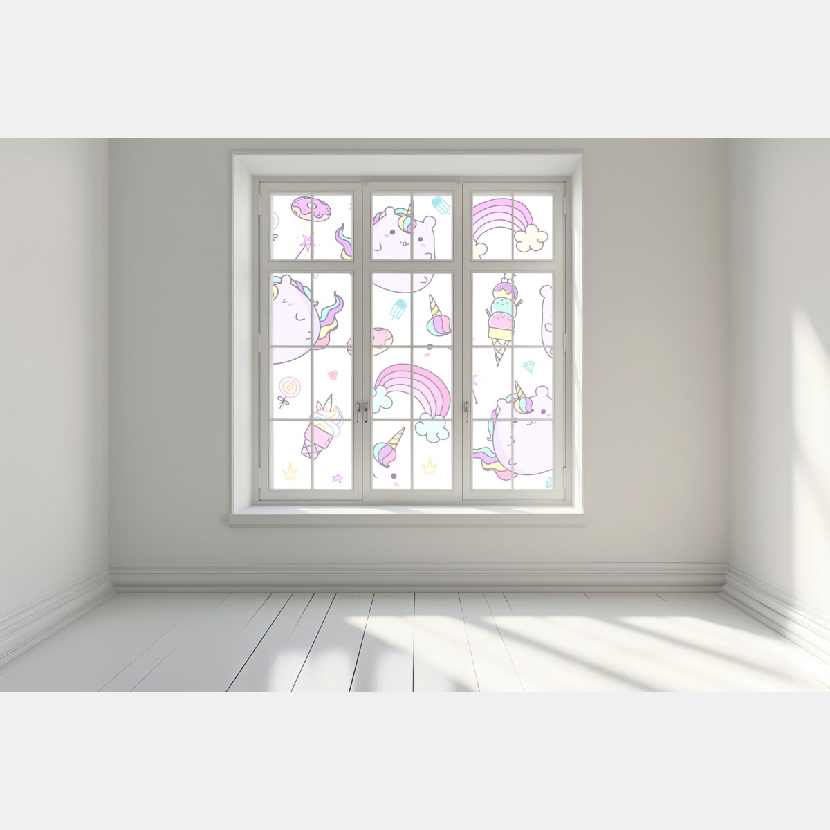 Naklejka na okno zabawny pastelowy wzór z jednorożcowym kotem – Wallissimo® Naklejka na okno zabawny pastelowy wzór z jednorożcowym kotem – Wallissimo®