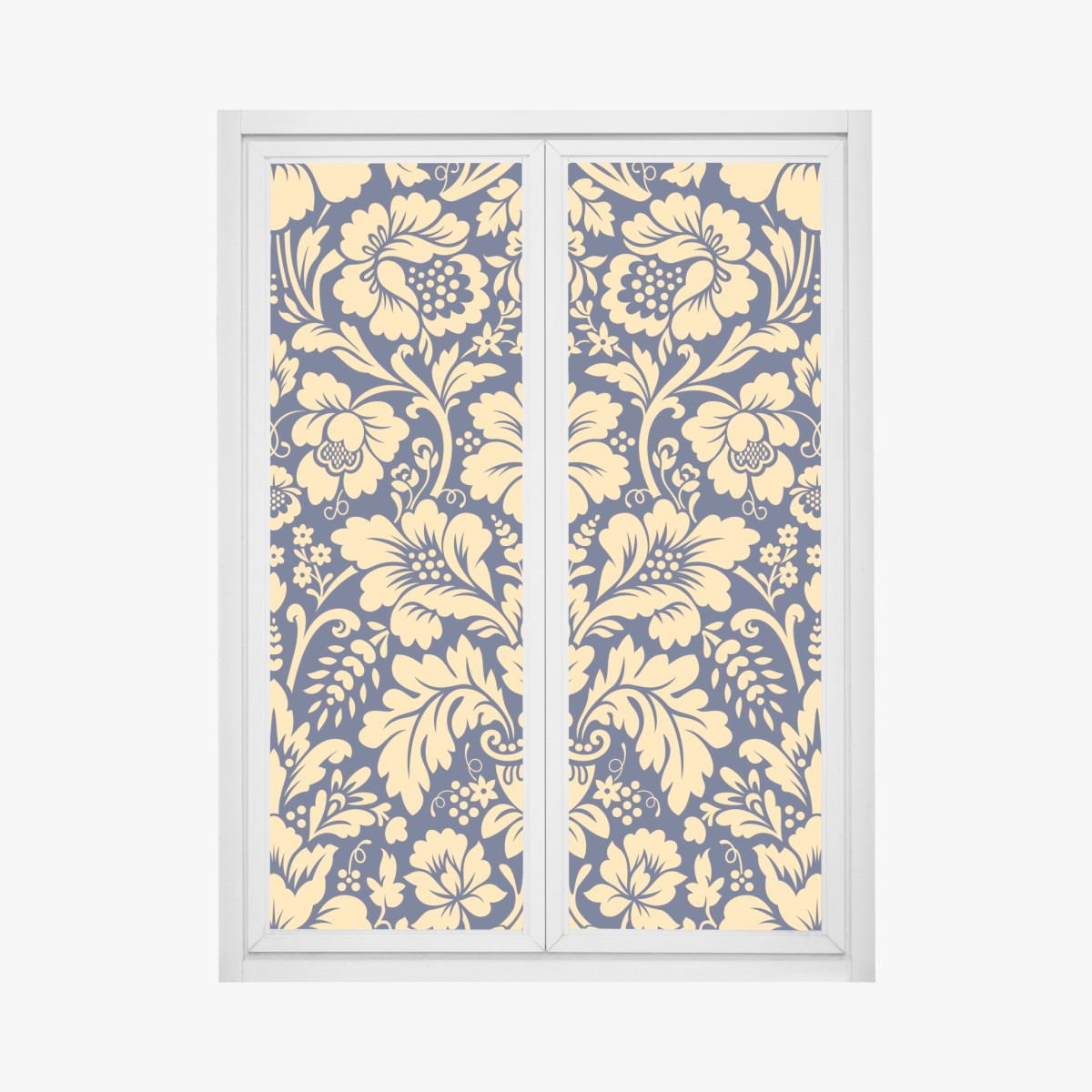 Window decal navy and beige damask floral pattern