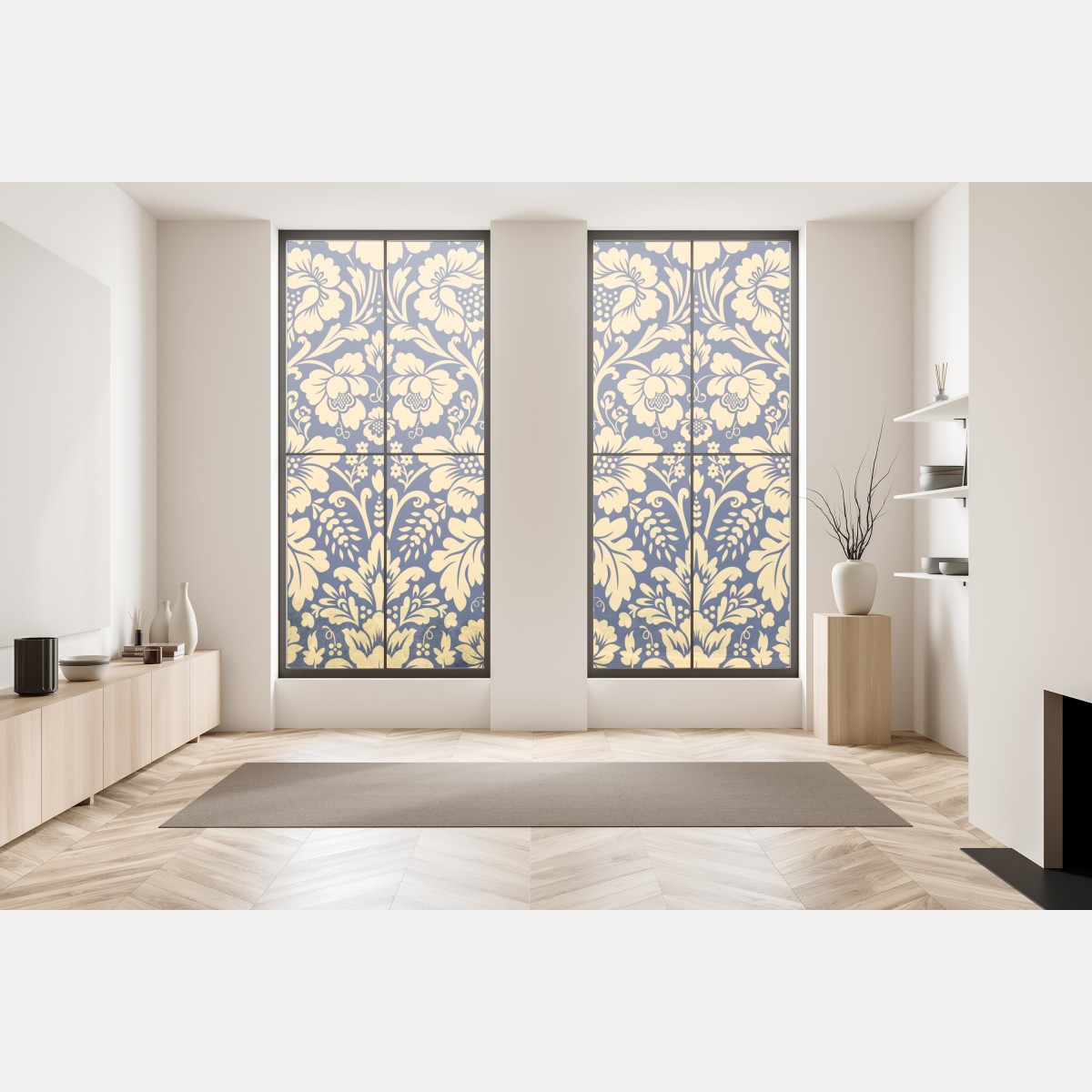 Naklejka na okno granatowo-beżowy wzór damasceński – Wallissimo® Naklejka na okno granatowo-beżowy wzór damasceński – Wallissimo®