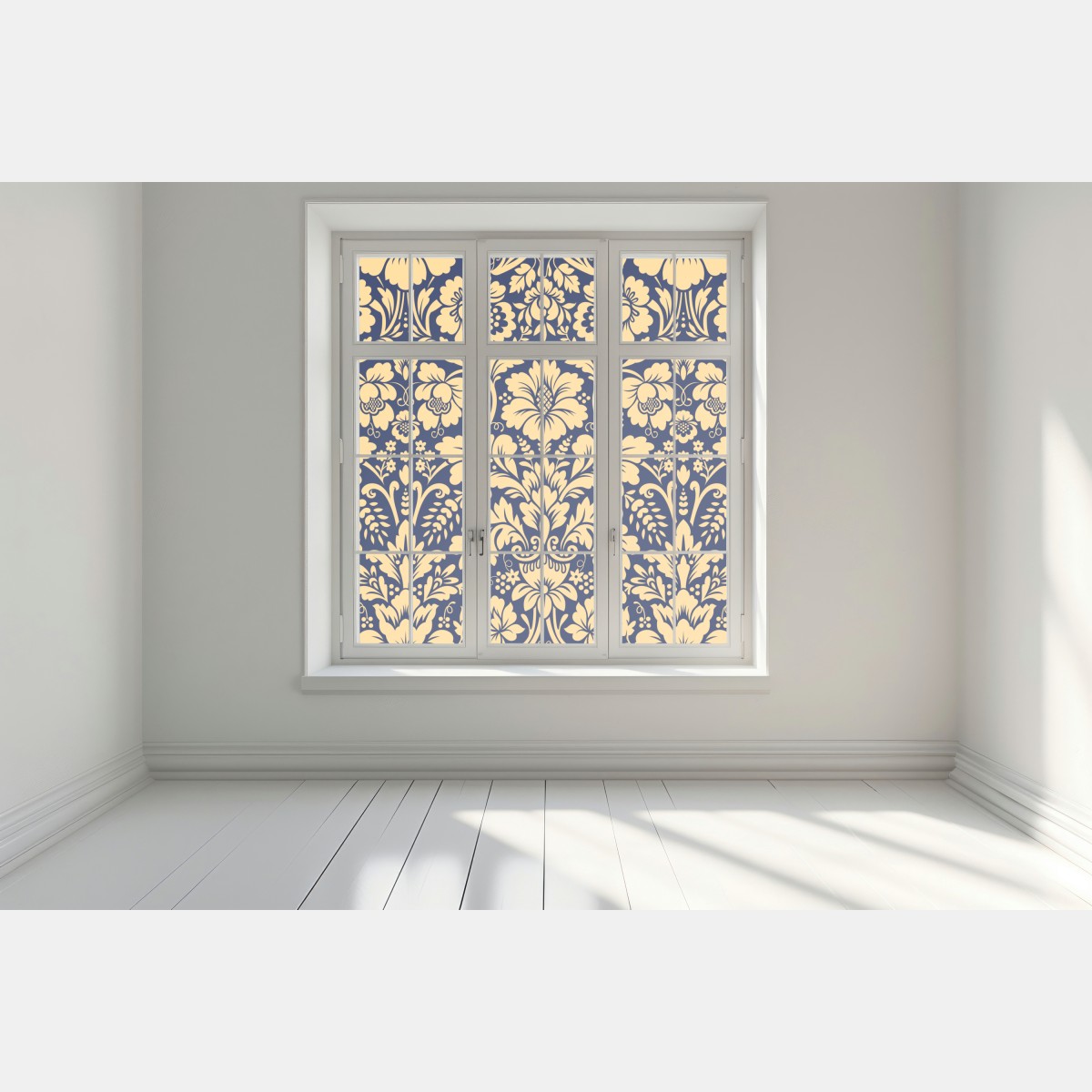 Naklejka na okno granatowo-beżowy wzór damasceński – Wallissimo® Naklejka na okno granatowo-beżowy wzór damasceński – Wallissimo®