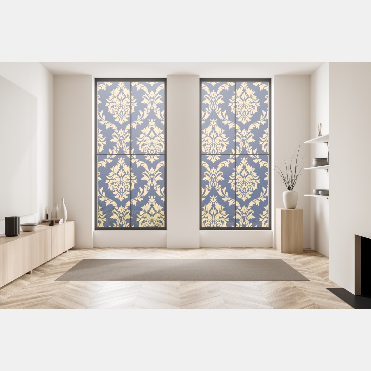 Naklejka na okno wzór damaskowy w odcieniach złota i granatu – Wallissimo® Naklejka na okno wzór damaskowy w odcieniach złota i granatu – Wallissimo®