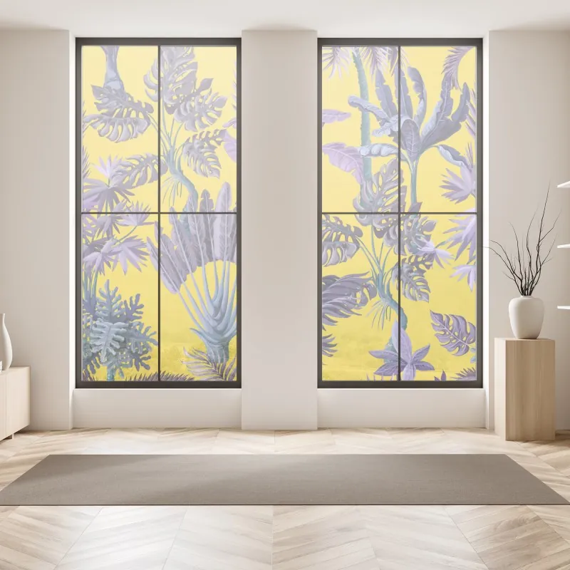 Naklejka na okno tropikalne fioletowe liście na żółtym tle – Wallissimo® Naklejka na okno tropikalne fioletowe liście na żółtym tle – Wallissimo®