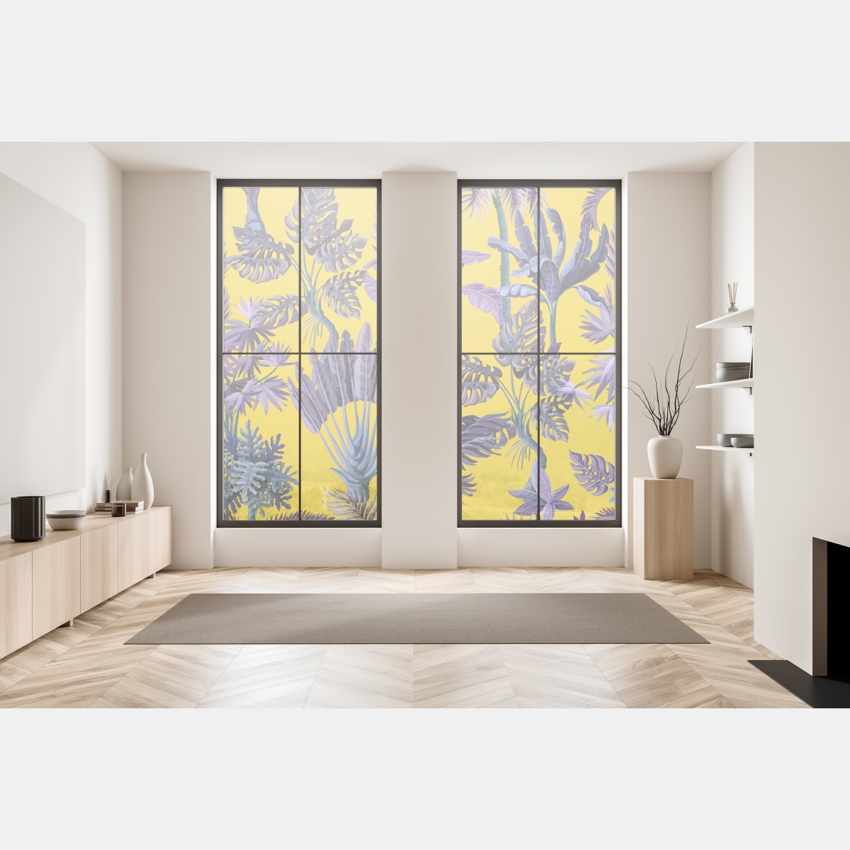 Naklejka na okno tropikalne fioletowe liście na żółtym tle – Wallissimo® Naklejka na okno tropikalne fioletowe liście na żółtym tle – Wallissimo®