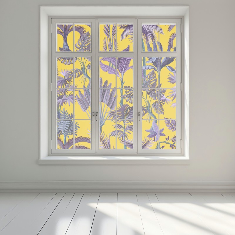 Naklejka na okno tropikalne fioletowe liście na żółtym tle – Wallissimo® Naklejka na okno tropikalne fioletowe liście na żółtym tle – Wallissimo®
