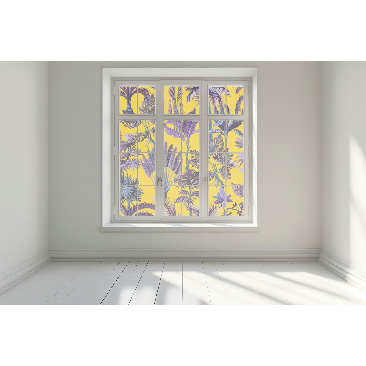 Naklejka na okno tropikalne fioletowe liście na żółtym tle – Wallissimo® Naklejka na okno tropikalne fioletowe liście na żółtym tle – Wallissimo®