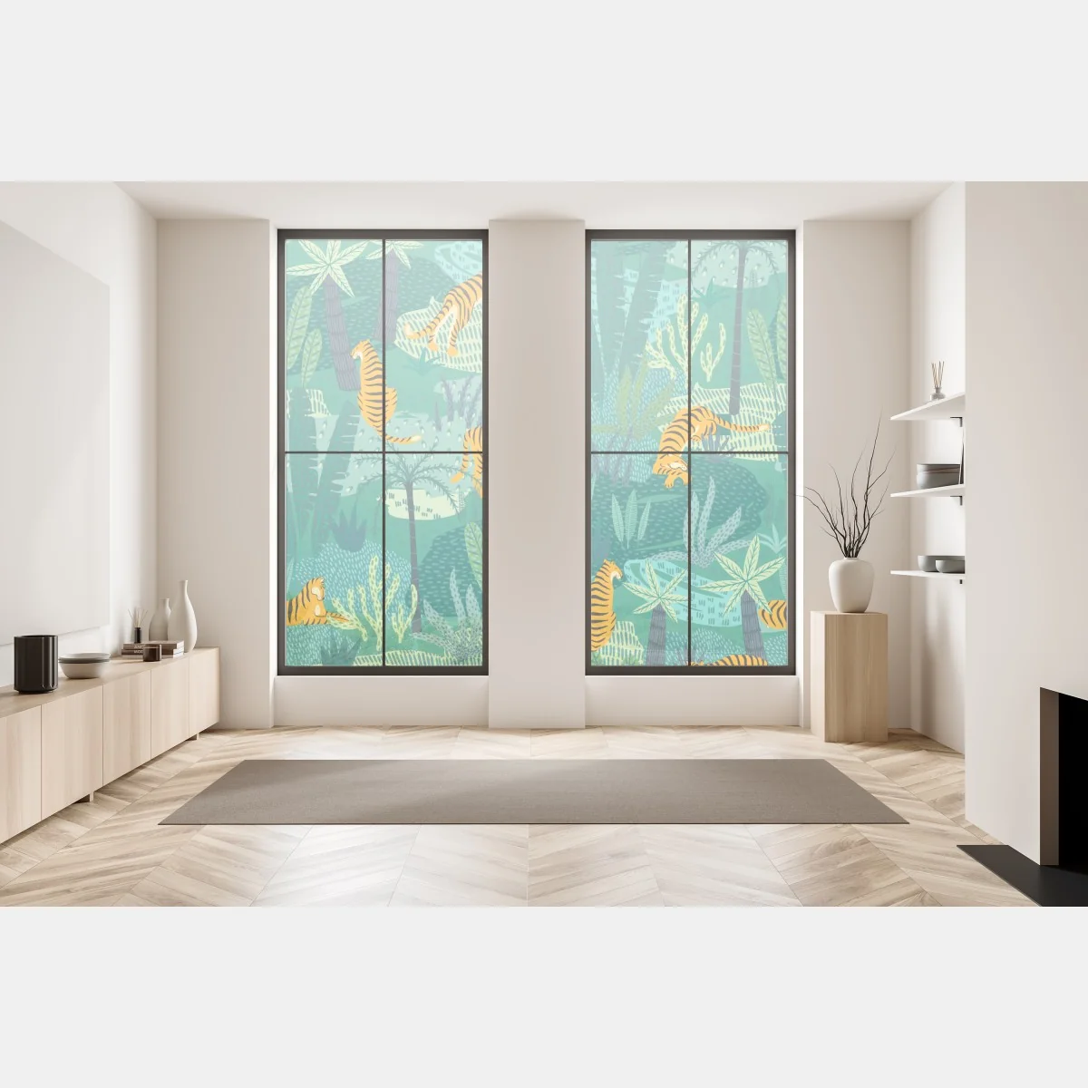 Naklejka na okno tropikalna dżungla z tygrysami – Wallissimo® Naklejka na okno tropikalna dżungla z tygrysami – Wallissimo®