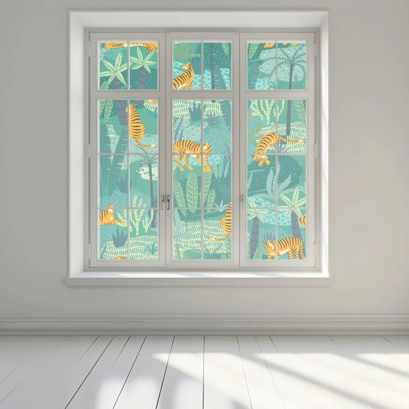 Naklejka na okno tropikalna dżungla z tygrysami – Wallissimo® Naklejka na okno tropikalna dżungla z tygrysami – Wallissimo®