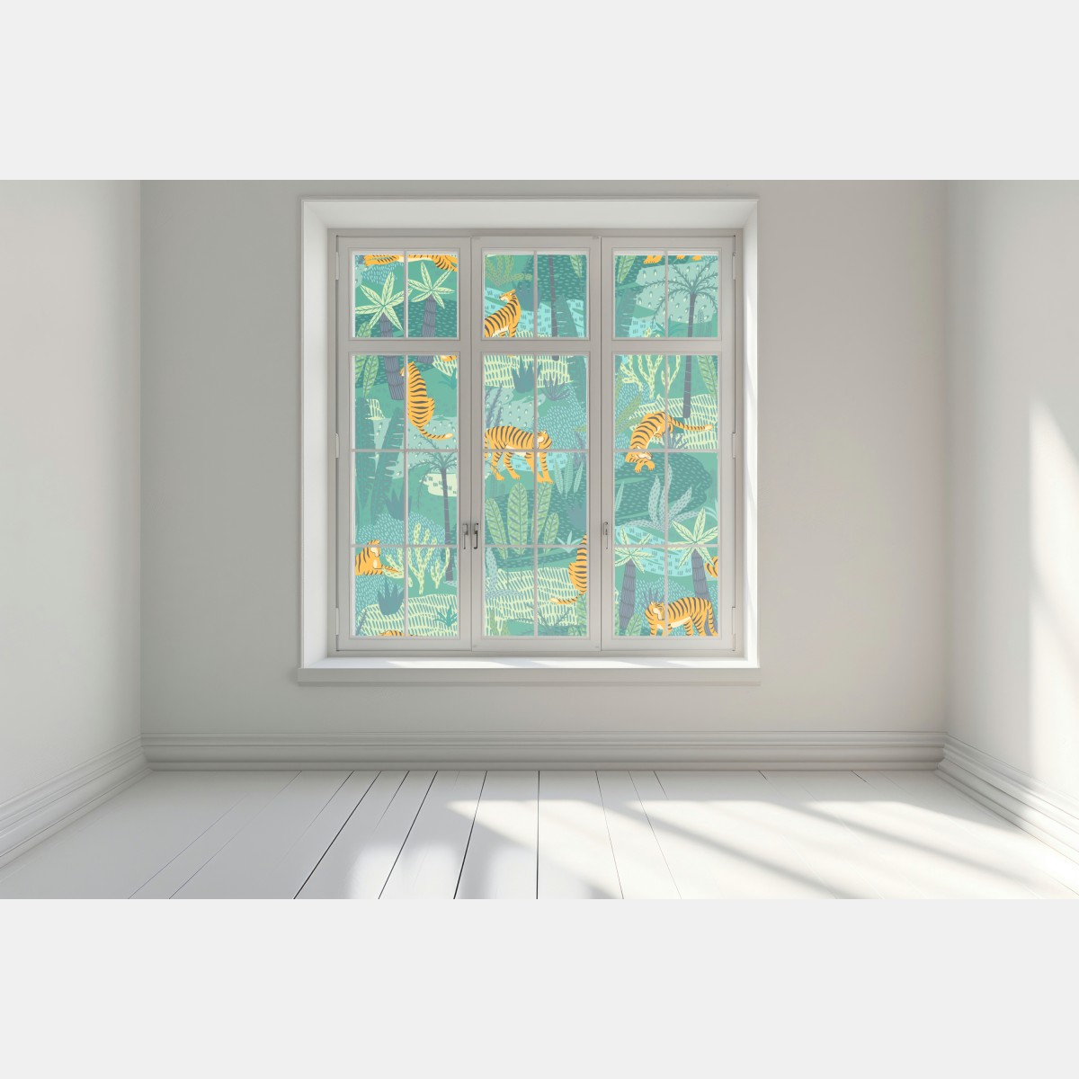 Naklejka na okno tropikalna dżungla z tygrysami – Wallissimo® Naklejka na okno tropikalna dżungla z tygrysami – Wallissimo®