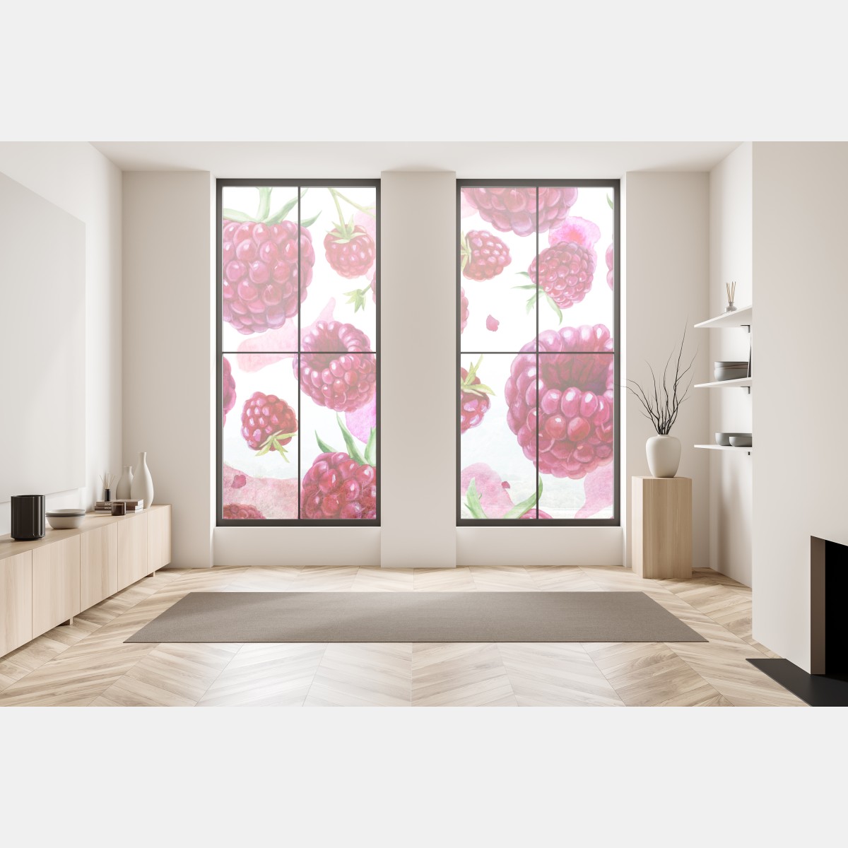 Naklejka na okno akwarelowy wzór z malinami – Wallissimo® Naklejka na okno akwarelowy wzór z malinami – Wallissimo®