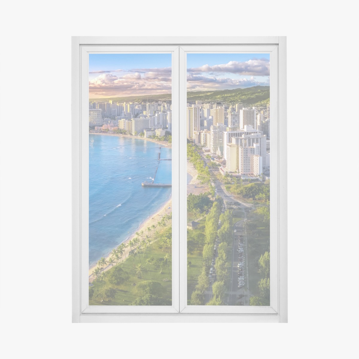 Window decal coastal city skyline at sunset