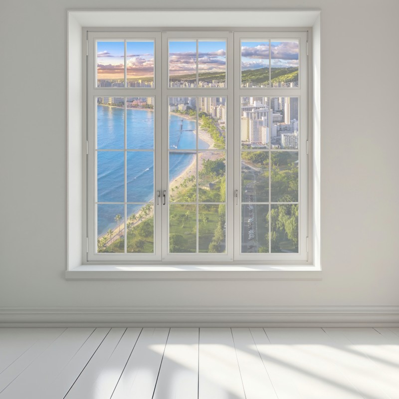 Naklejka na okno panorama nadmorskiego miasta o zachodzie słońca – Wallissimo® Naklejka na okno panorama nadmorskiego miasta o zachodzie słońca – Wallissimo®