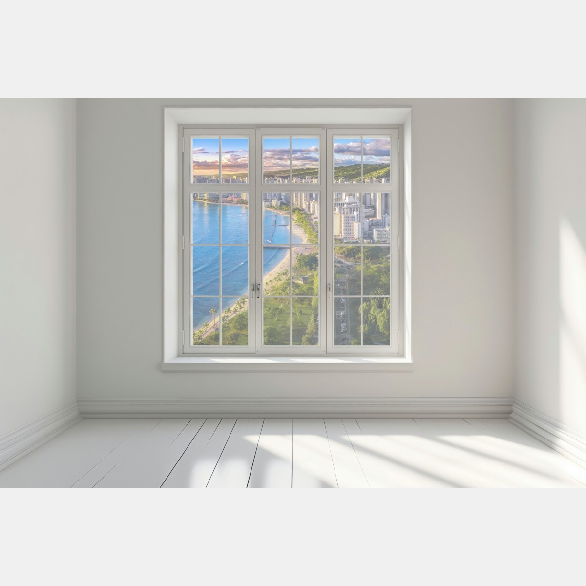 Naklejka na okno panorama nadmorskiego miasta o zachodzie słońca – Wallissimo® Naklejka na okno panorama nadmorskiego miasta o zachodzie słońca – Wallissimo®