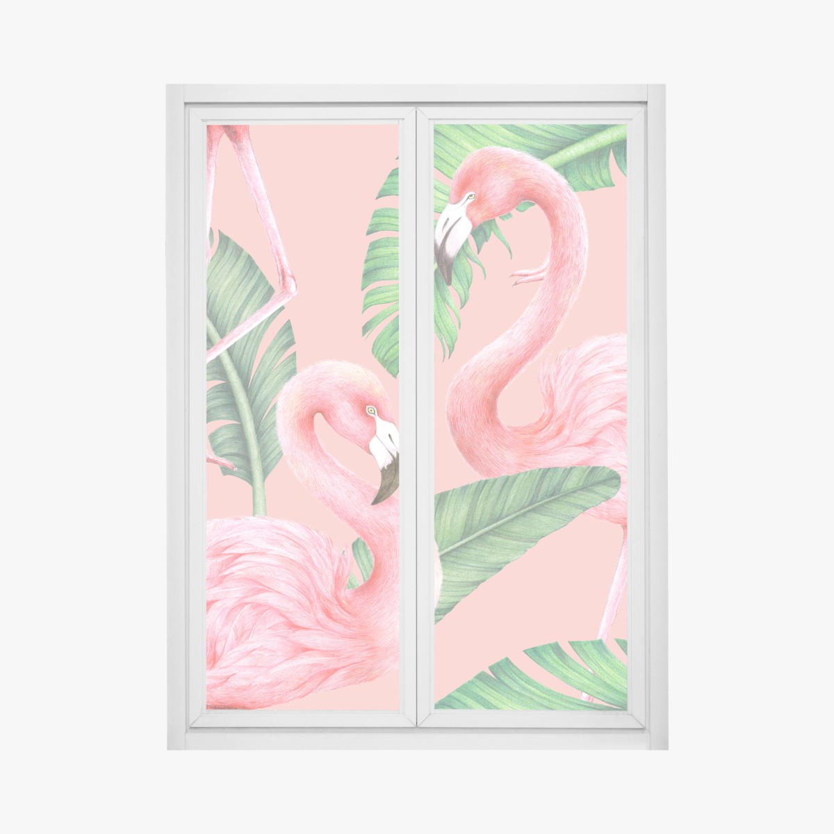 Window decal pink flamingo pattern with tropical leaves