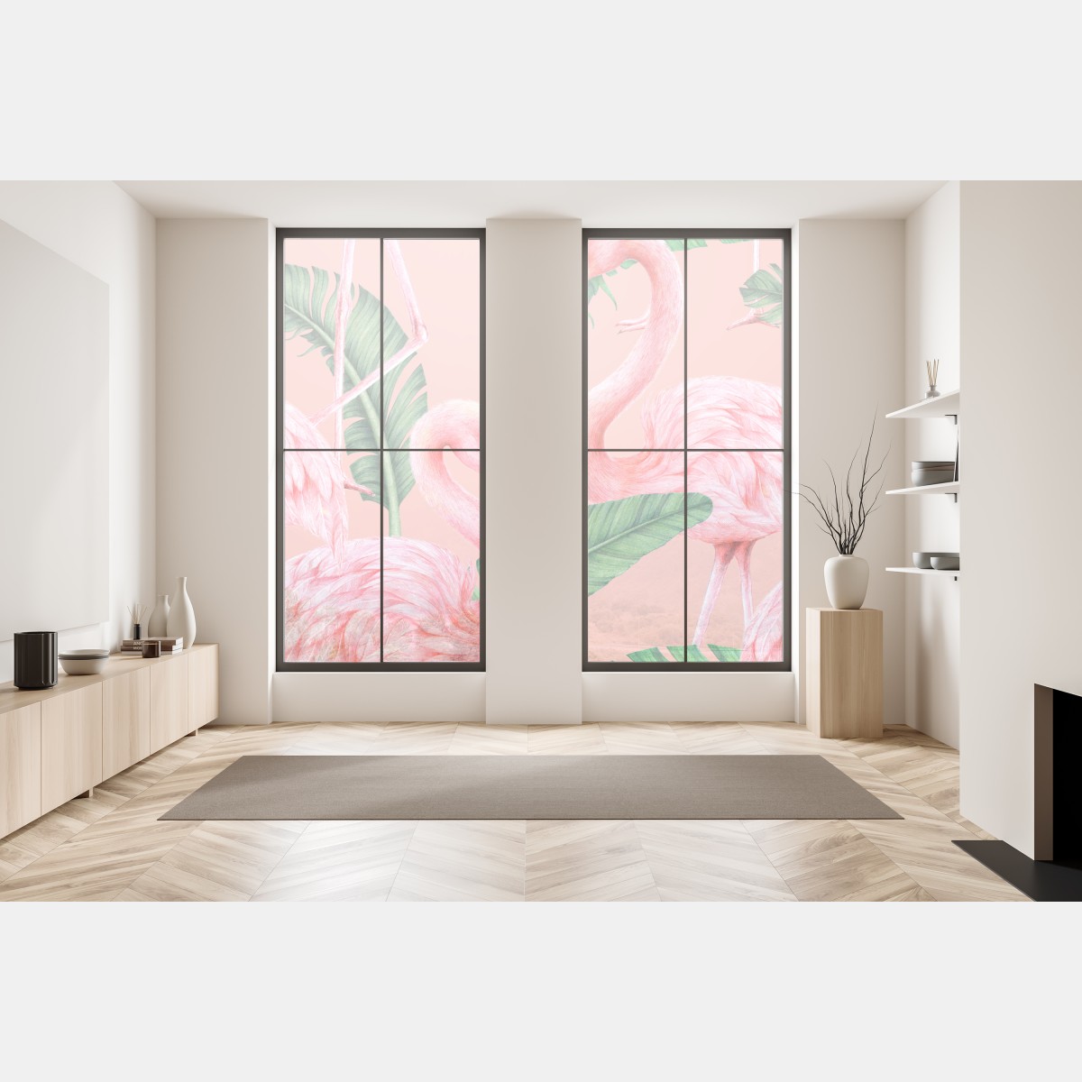 Naklejka na okno różowy wzór z flamingami i liśćmi tropikalnymi – Wallissimo® Naklejka na okno różowy wzór z flamingami i liśćmi tropikalnymi – Wallissimo®