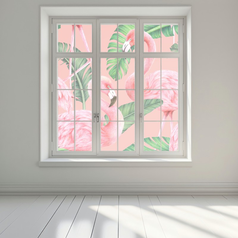 Naklejka na okno różowy wzór z flamingami i liśćmi tropikalnymi – Wallissimo® Naklejka na okno różowy wzór z flamingami i liśćmi tropikalnymi – Wallissimo®