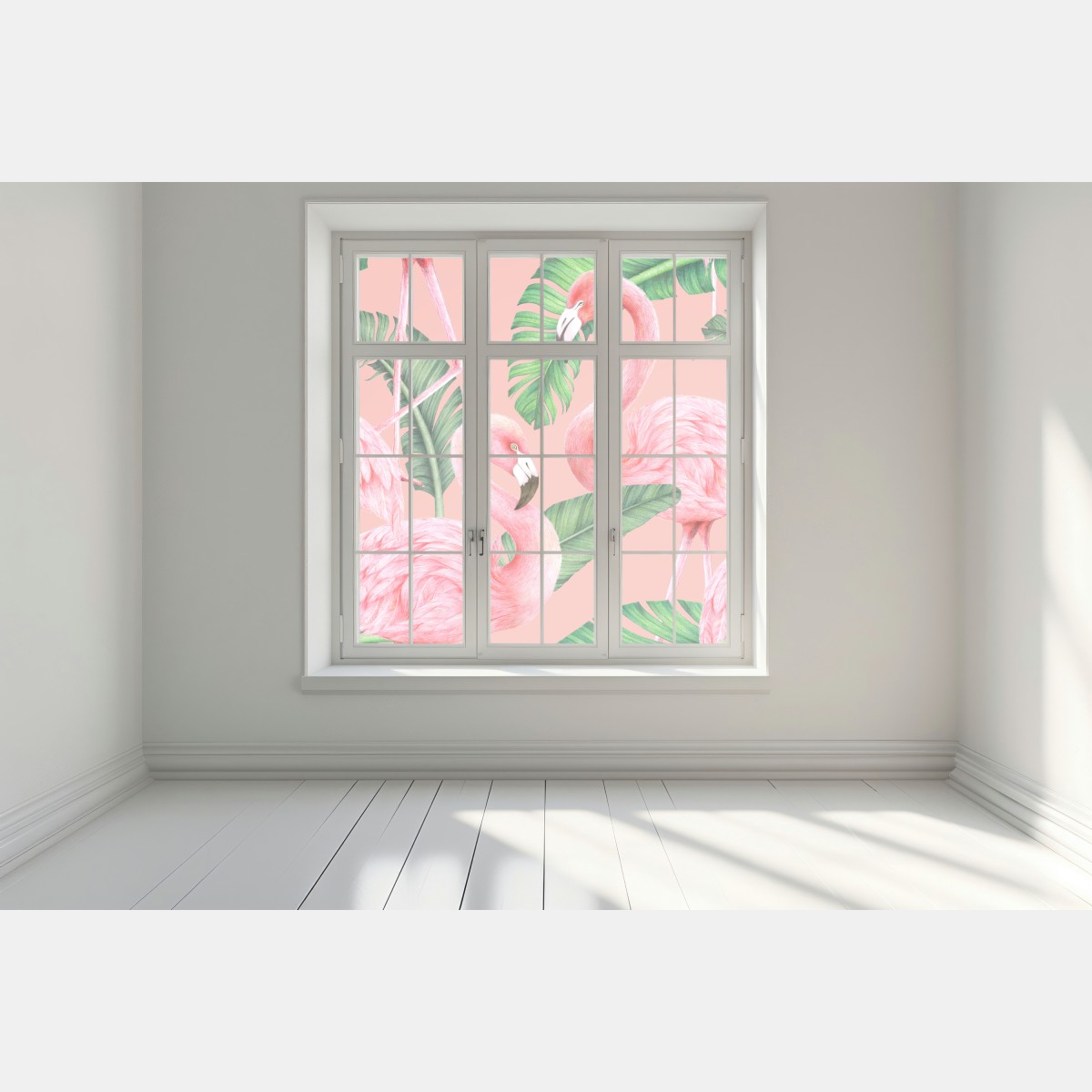 Naklejka na okno różowy wzór z flamingami i liśćmi tropikalnymi – Wallissimo® Naklejka na okno różowy wzór z flamingami i liśćmi tropikalnymi – Wallissimo®