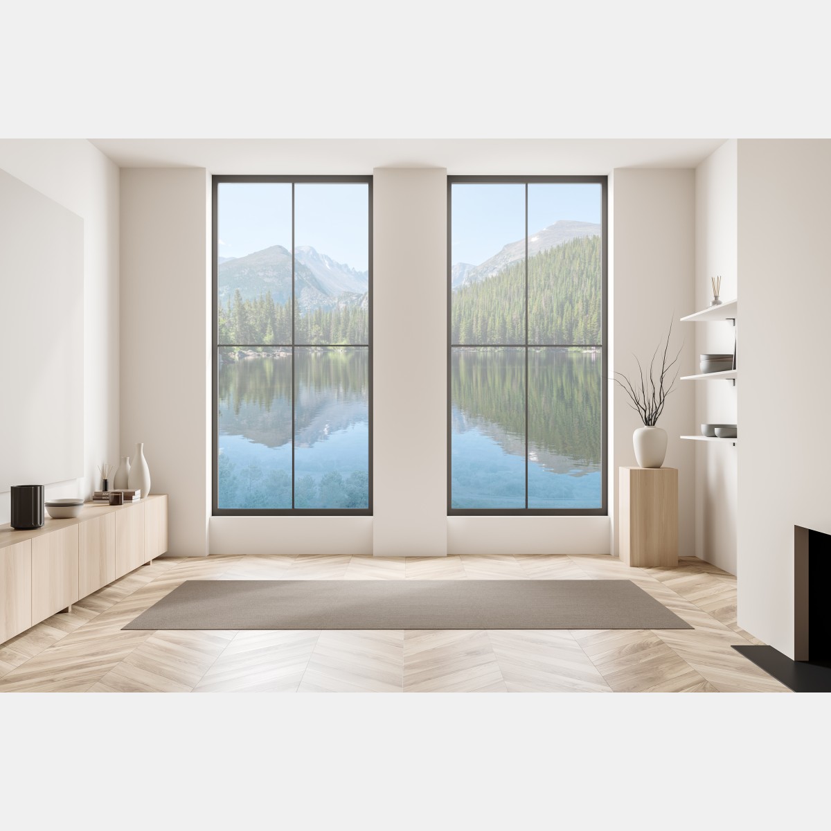 Naklejka na okno górskie jezioro z odbiciem lasu i szczytów – Wallissimo® Naklejka na okno górskie jezioro z odbiciem lasu i szczytów – Wallissimo®