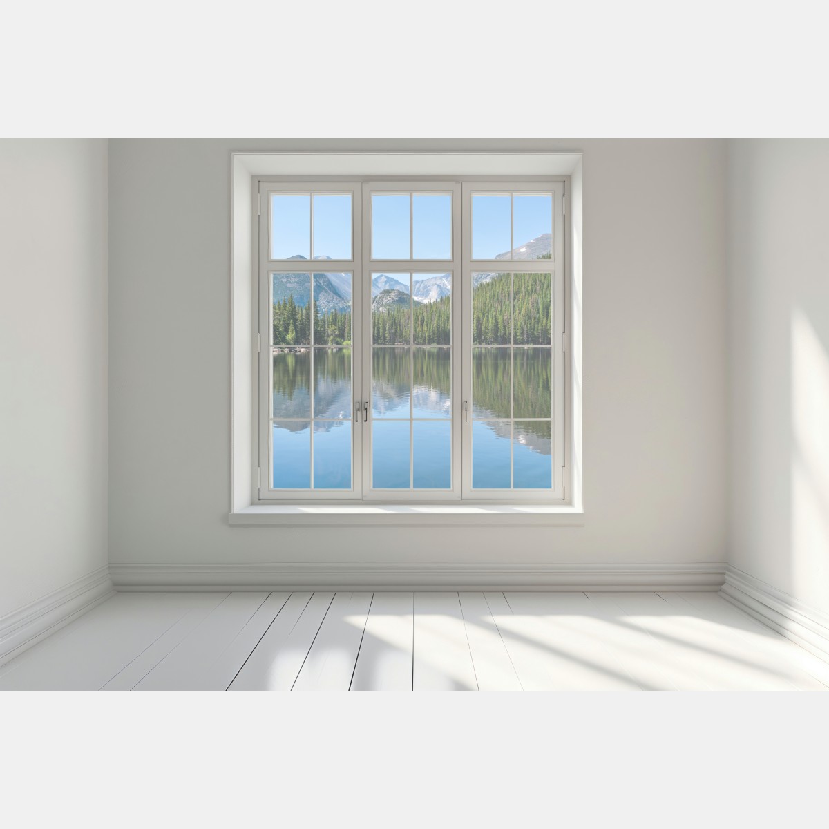 Naklejka na okno górskie jezioro z odbiciem lasu i szczytów – Wallissimo® Naklejka na okno górskie jezioro z odbiciem lasu i szczytów – Wallissimo®