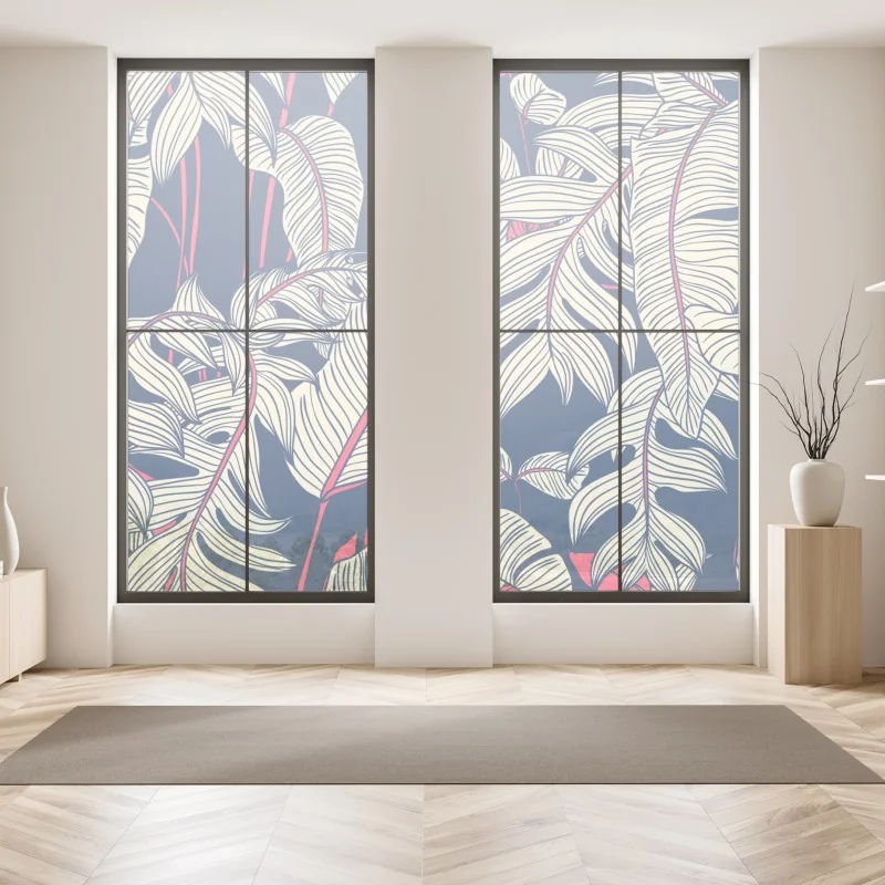 Naklejka na okno granatowy tropikalny wzór z liśćmi – Wallissimo® Naklejka na okno granatowy tropikalny wzór z liśćmi – Wallissimo®