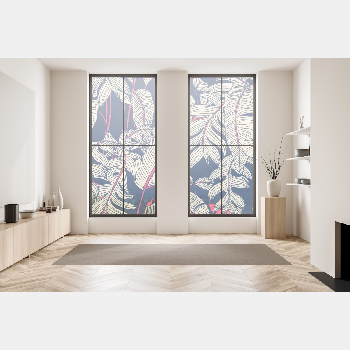 Naklejka na okno granatowy tropikalny wzór z liśćmi – Wallissimo® Naklejka na okno granatowy tropikalny wzór z liśćmi – Wallissimo®