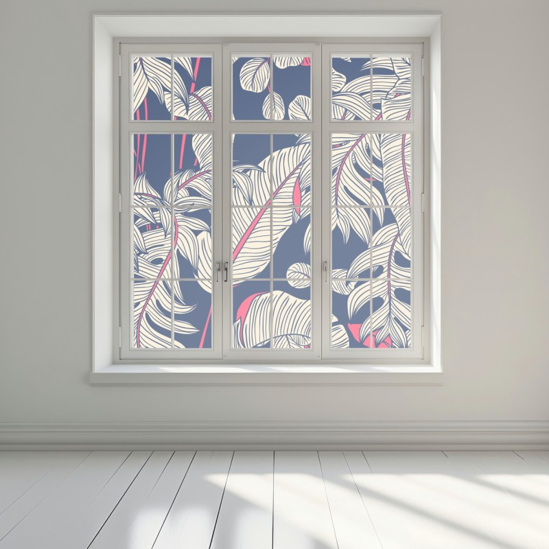 Naklejka na okno granatowy tropikalny wzór z liśćmi – Wallissimo® Naklejka na okno granatowy tropikalny wzór z liśćmi – Wallissimo®