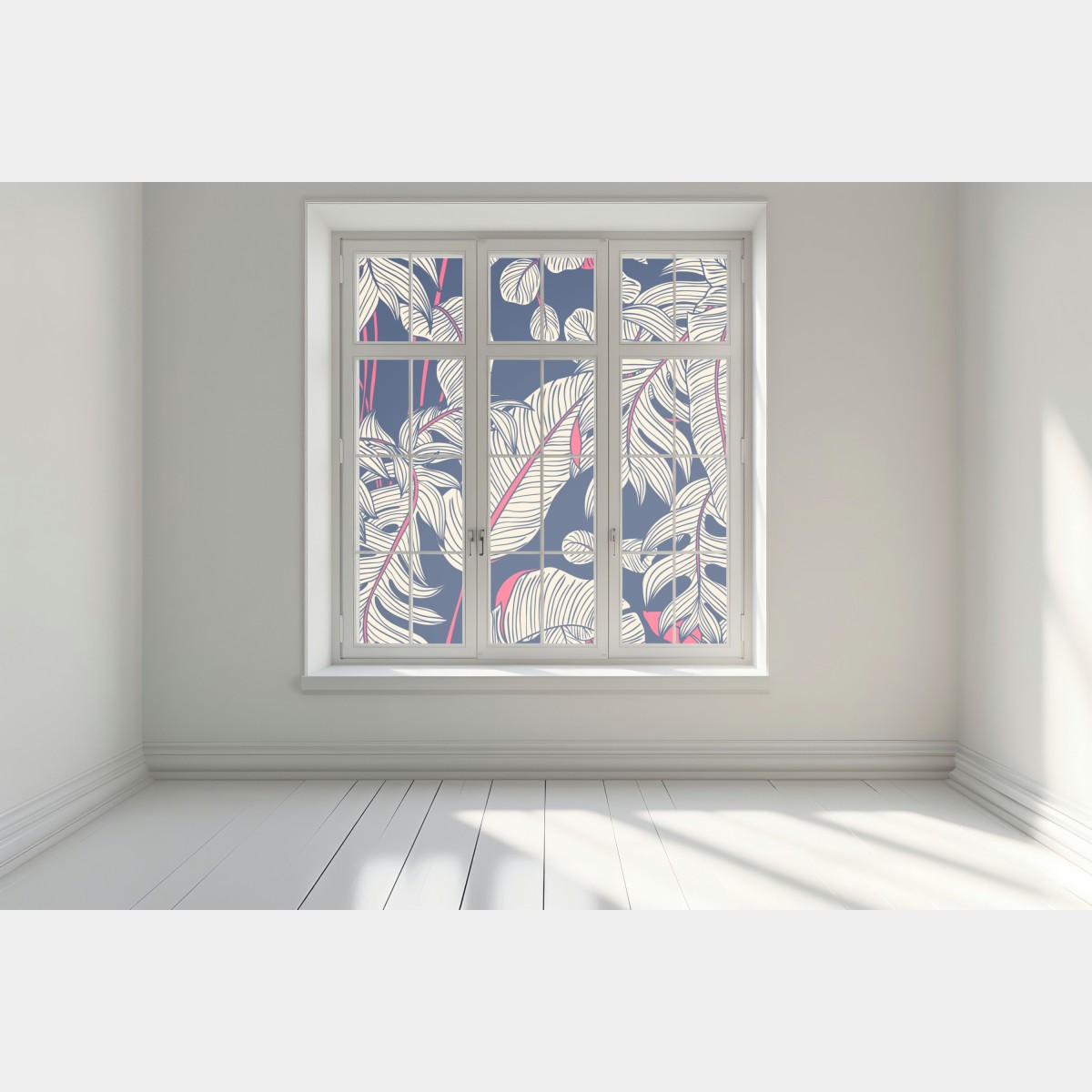 Naklejka na okno granatowy tropikalny wzór z liśćmi – Wallissimo® Naklejka na okno granatowy tropikalny wzór z liśćmi – Wallissimo®