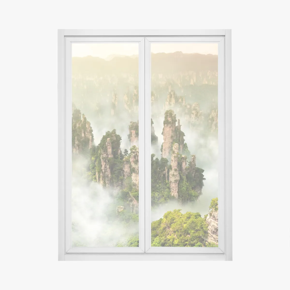 Naklejka na okno mglisty krajobraz skalny Zhangjiajie – Wallissimo® Naklejka na okno mglisty krajobraz skalny Zhangjiajie – Wallissimo®