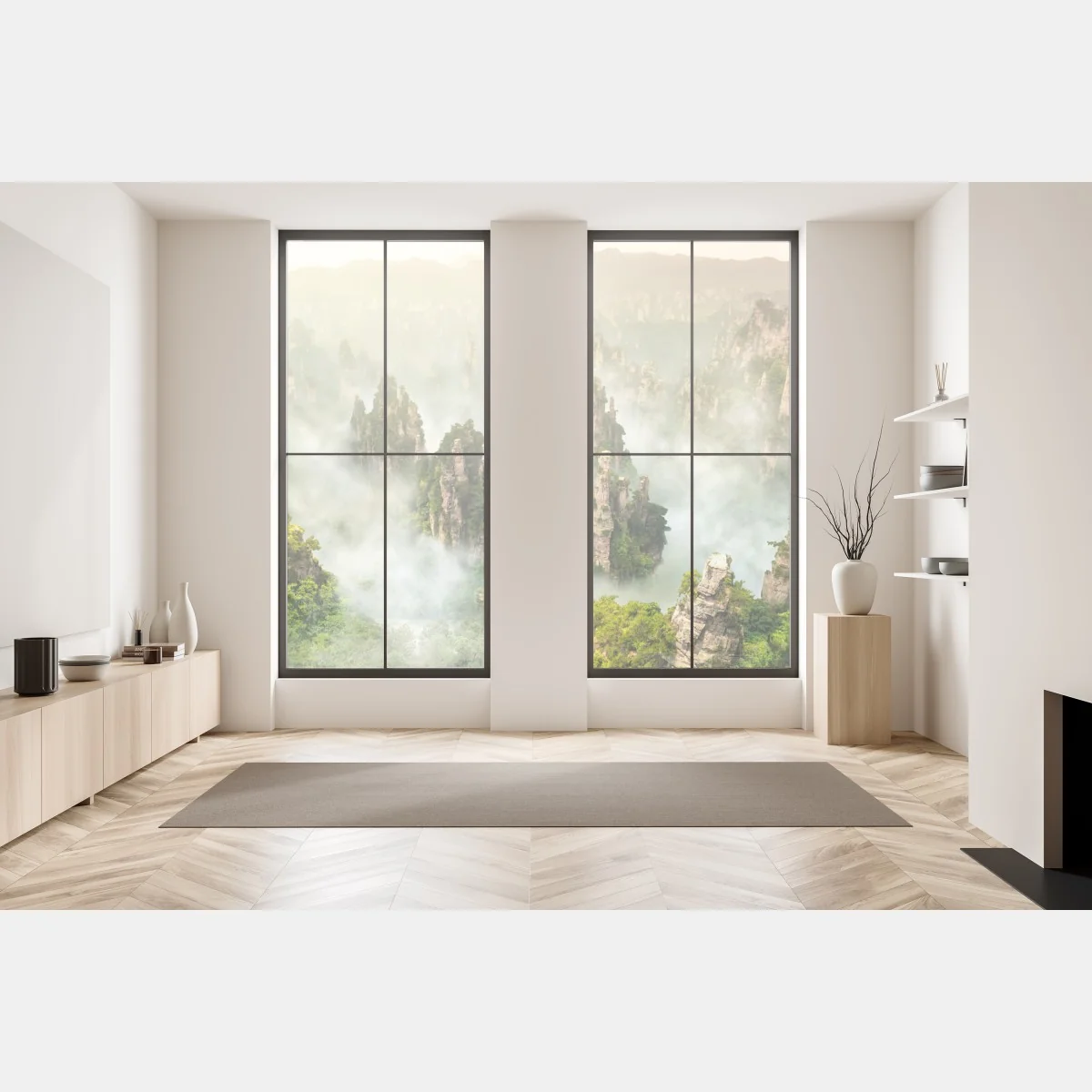 Naklejka na okno mglisty krajobraz skalny Zhangjiajie – Wallissimo® Naklejka na okno mglisty krajobraz skalny Zhangjiajie – Wallissimo®