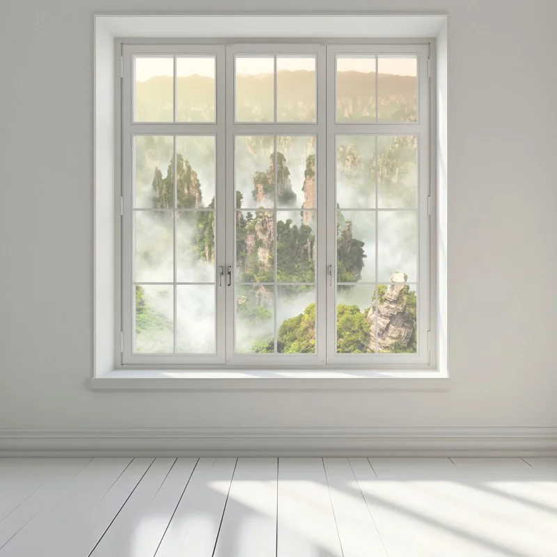Naklejka na okno mglisty krajobraz skalny Zhangjiajie – Wallissimo® Naklejka na okno mglisty krajobraz skalny Zhangjiajie – Wallissimo®