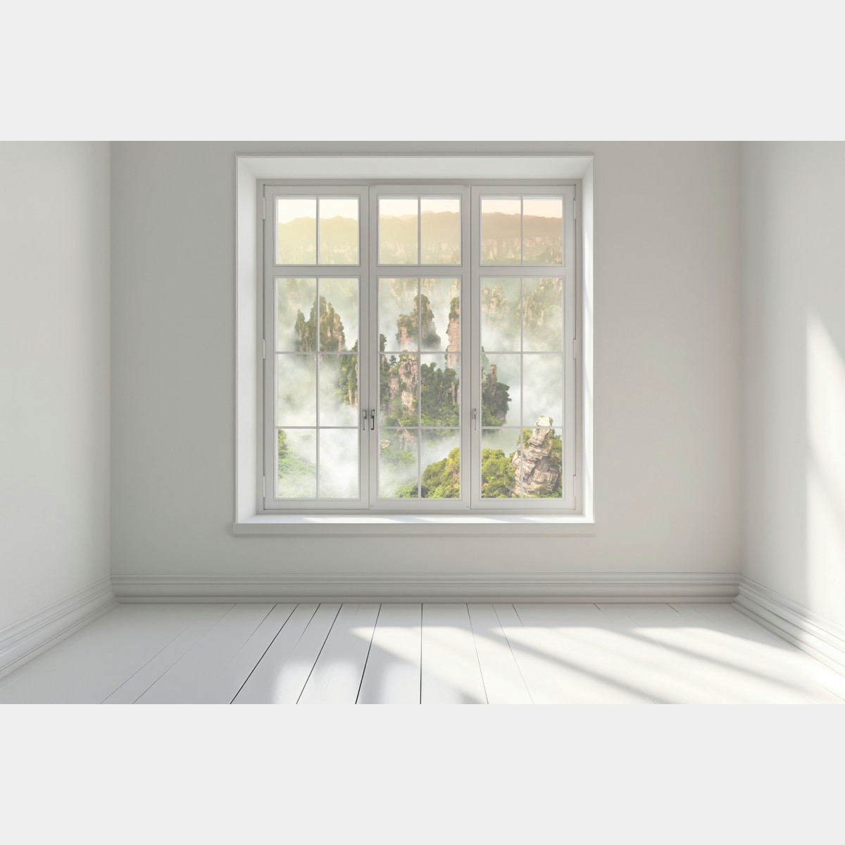 Naklejka na okno mglisty krajobraz skalny Zhangjiajie – Wallissimo® Naklejka na okno mglisty krajobraz skalny Zhangjiajie – Wallissimo®