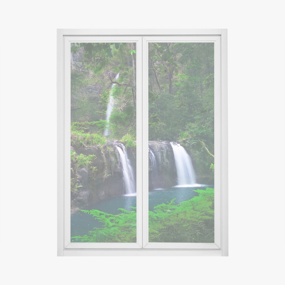Window decal calming waterfall in emerald forest