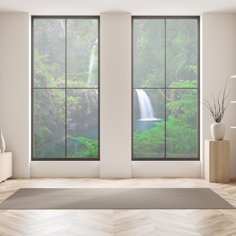 Naklejka na okno tropikalne fioletowe liście na żółtym tle – Wallissimo®