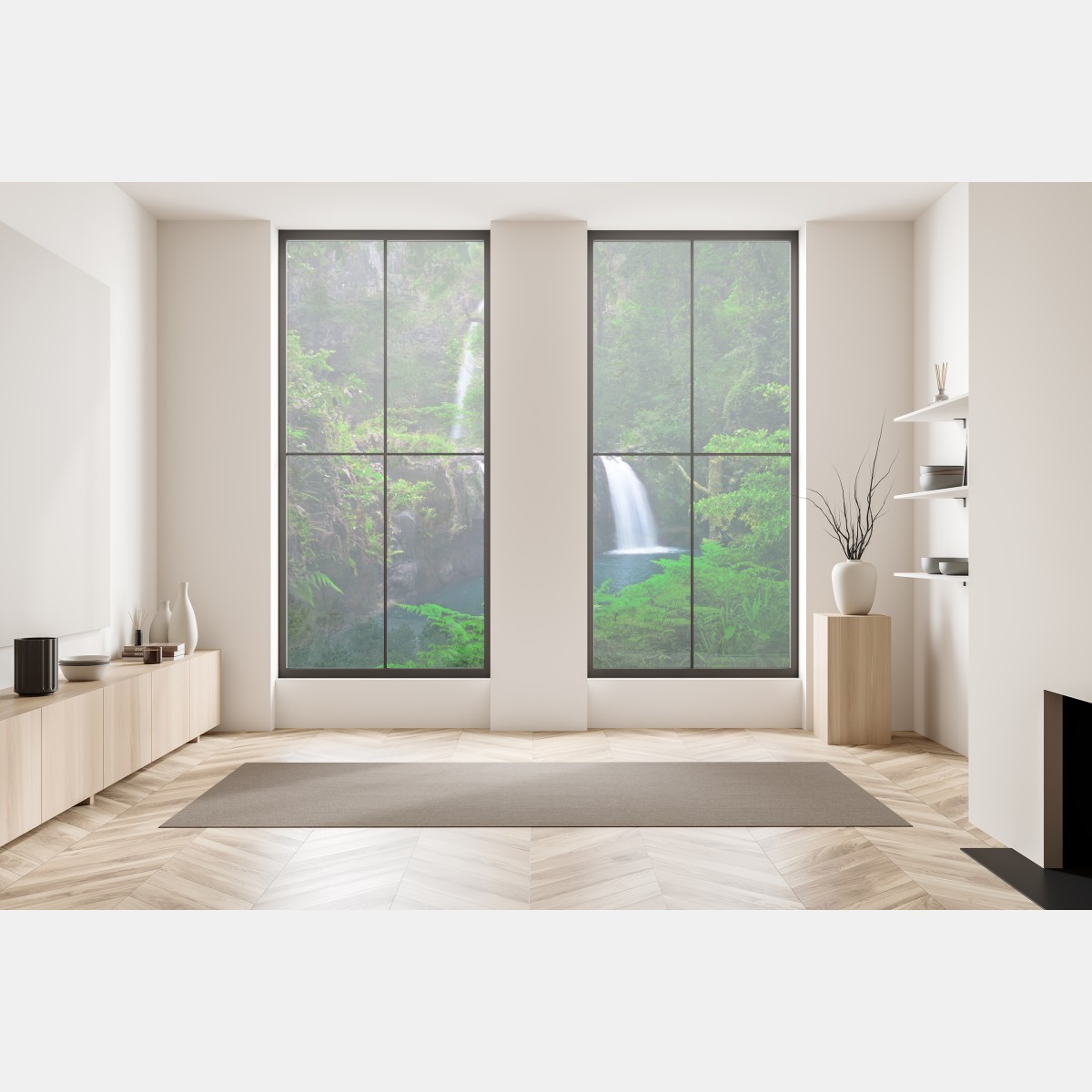 Naklejka na okno uspokajający wodospad w szmaragdowym lesie – Wallissimo® Naklejka na okno uspokajający wodospad w szmaragdowym lesie – Wallissimo®