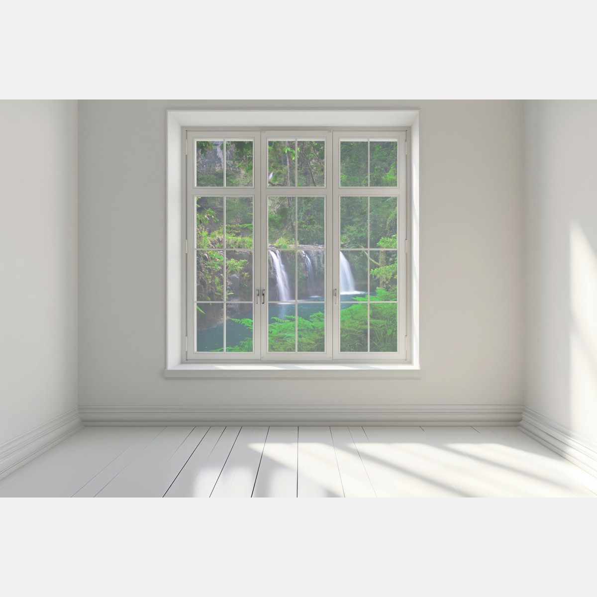 Naklejka na okno uspokajający wodospad w szmaragdowym lesie – Wallissimo® Naklejka na okno uspokajający wodospad w szmaragdowym lesie – Wallissimo®