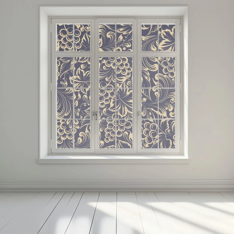 Naklejka na okno elegancki barokowy wzór z winogronami w złocie – Wallissimo® Naklejka na okno elegancki barokowy wzór z winogronami w złocie – Wallissimo®