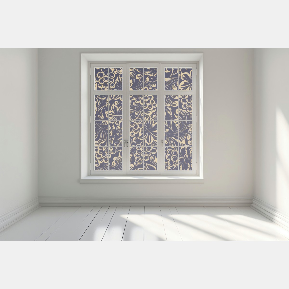 Naklejka na okno elegancki barokowy wzór z winogronami w złocie – Wallissimo® Naklejka na okno elegancki barokowy wzór z winogronami w złocie – Wallissimo®