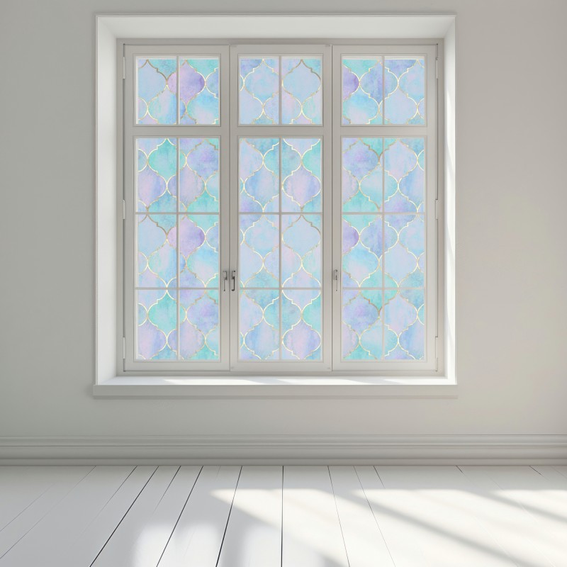 Naklejka na okno pastelowy turkusowy wzór marokańskich płytek – Wallissimo® Naklejka na okno pastelowy turkusowy wzór marokańskich płytek – Wallissimo®